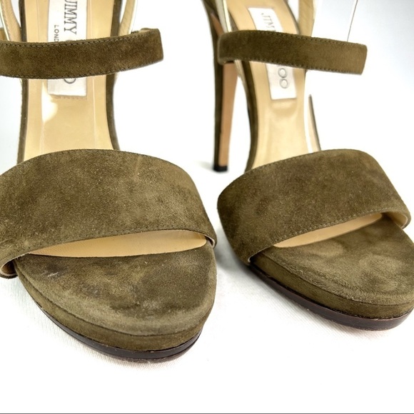 Jimmy Choo Suede Heeled Sandals Strappy Metallic Green Ankle Strap Platform 39.5 - Picture 3 of 9